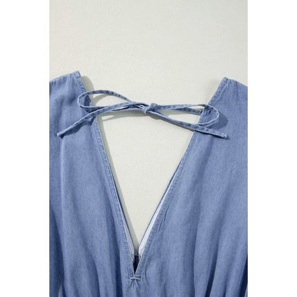 Myosotis Chambray Deep V Neck Bracelet Sleeve Maxi Dress