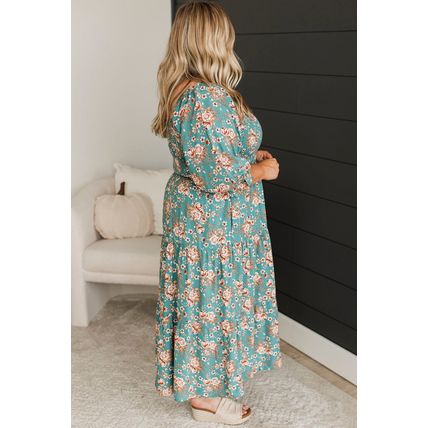 Green Plus Size Floral Print Square Neck Smocked Maxi Dress