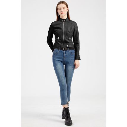 Black Faux Leather Snap Button Stand Neck Zipped Pocket Jacket