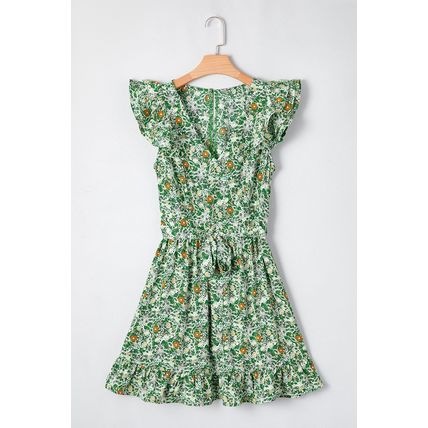 Green Flower Print Flutter Sleeve V Neck Sashed Ruffled Mini Dress