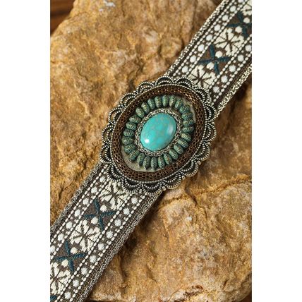 Light Blue Western Pattern Turquoise Decor Lace-up PU Leather Hat Band