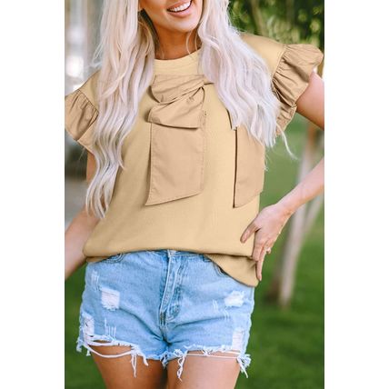 Parchment Two Tones Ribbon Bow Ruffle Sleeve Top