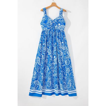Blue Paisley V Neck Crisscross Backless Maxi Dress