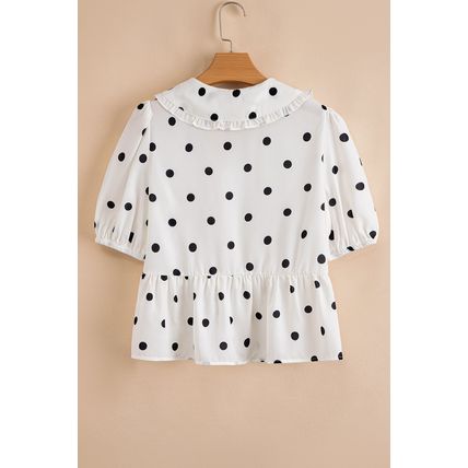 White Polka Dot Collared Lace up Font Puff Sleeve Peplum Top