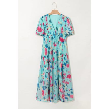 Sky Blue Abstract Print Short Puff Sleeve Tiered Maxi Dress