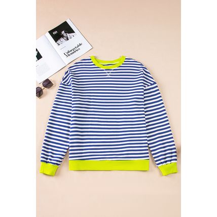 Sky Blue Stripe Striped Contrast Ribbed Trim Drop Shoulder Baggy Sweatshirt