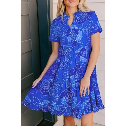 Blue Floral Ruffled Hem V Neck Short Sleeve Flowy Mini Dress