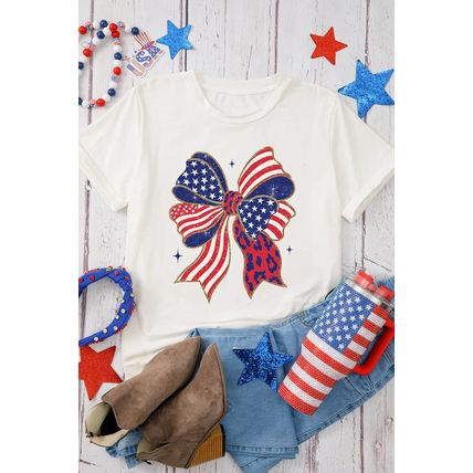 White Stars and Stripes Bow Print 4th of July T Shirt