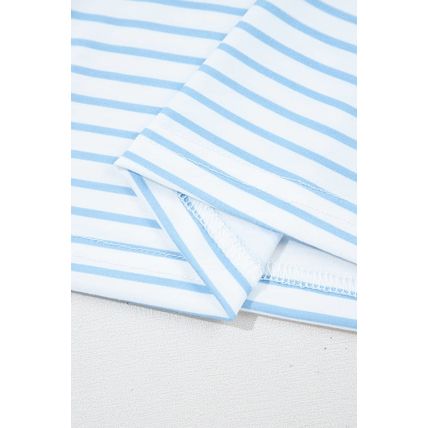 Sky Blue Stripe Floral Three Quarter Sleeves Patchwork Drop Shoulder Top