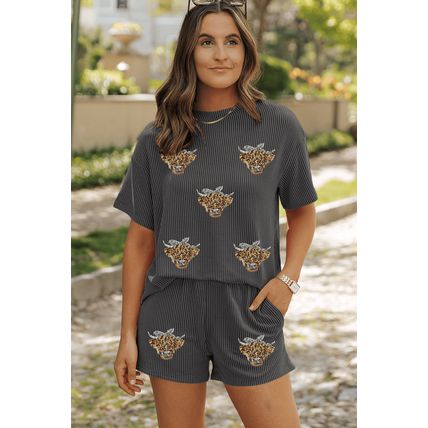 Carbon Grey Sequin Heifer Patched 2pcs Twisted Ribbed Casual Short Set