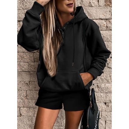 Black Button Drawstring Hooded Pullover and Casual Short Set