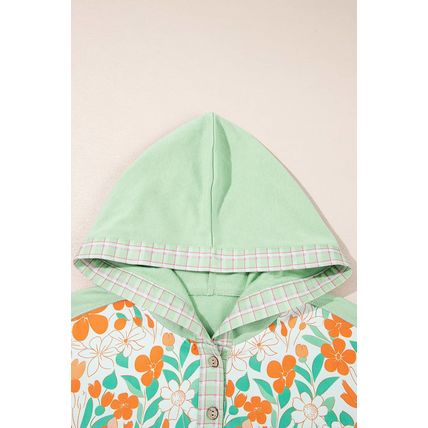 Clearly Aqua Lace Floral Patchwork Half Button Hooded Pullover