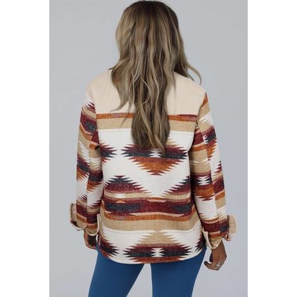 Multicolour Western Aztec Striped Patchwork Double Flap Pocket Raw Hem Shacket
