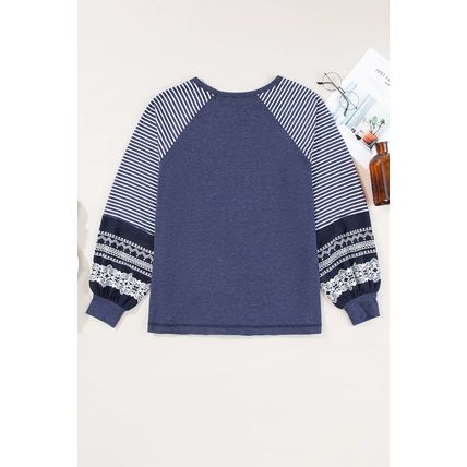 Navy Blue Contrast Print Striped Raglan Long Sleeve Loose Top