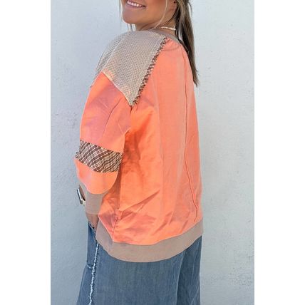 Grapefruit Orange Plaid Waffle Flower Patchwork Bracelet Sleeve Top
