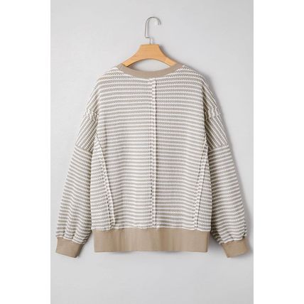 Brown Stripe Ribbed Trim Drop Shoulder Long Sleeve Oversize Top