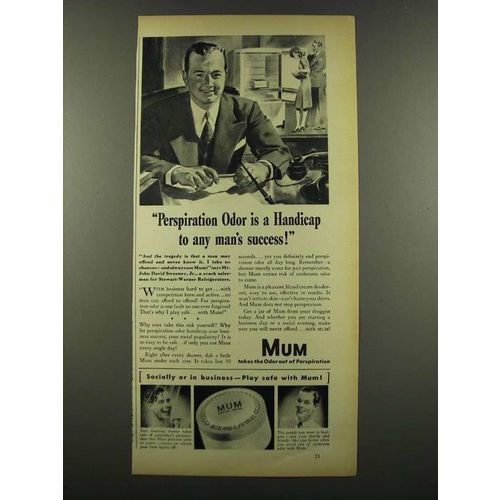 1940 Mum Deodorant Ad - Perspiration Odor is Handicap