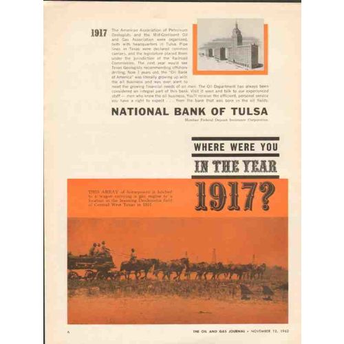 NATIONAL BANK OF TULSA 1962 horses wagon engine year 1917 vintage ad