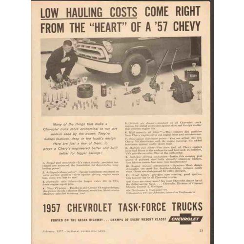 CHEVROLET 1957 low hauling costs heart Chevy truck vintage ad