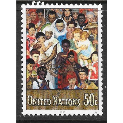 UNITED NATIONS 1991 DO UNTO THEM GOLDEN RULE 50c USED NORMAN ROCKWELL ART