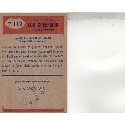 LOU CREEKMUR 1955 AUTOGRAPHED DETROIT LIONS HALL OF FAME WORLD CHAMPION GUARD