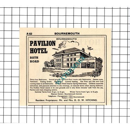 Pavilion Hotel Bournemouth Hitching / Hotel Walmer Small Advert -1958 Cutting
