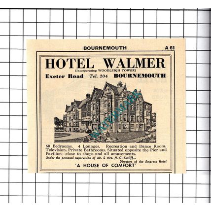 Pavilion Hotel Bournemouth Hitching / Hotel Walmer Small Advert -1958 Cutting