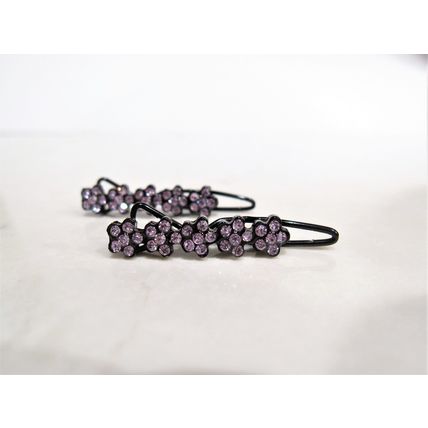Two small tiny purple flower crystal hair pin clip barrettes fine hair
