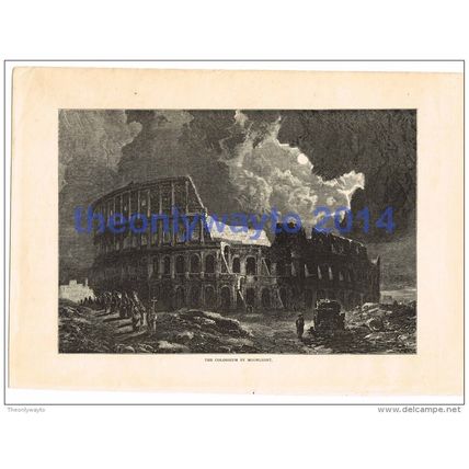 COLOSSEUM BY MOONLIGHT, ROME, ITALY, BOOK ILLUSTRATION/PRINT, c1870
