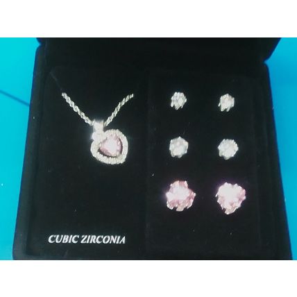 DANECRAFT FINE SILVER PLATE CUBIC ZIRCONIA PINK HEART NECKLACE EARRINGS
