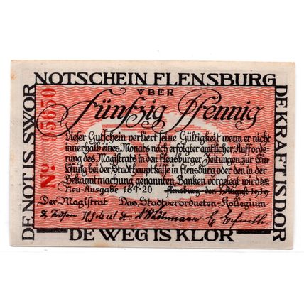 1920 Germany Flensburg Notgeld 50 Pfennig Note (1428)