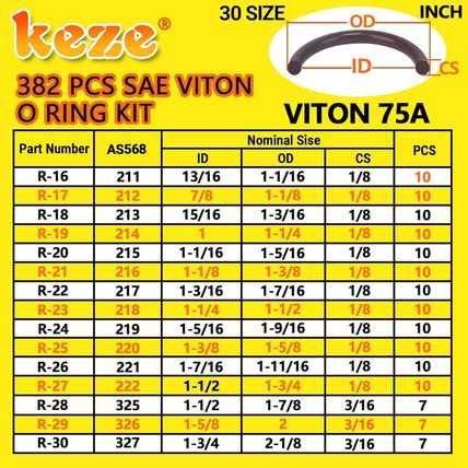 KEZE 382 Pcs SAE Viton O Ring Assortment Kit 30 Sizes Brown O-Ring Set and Silic