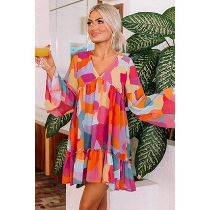 Red Abstract Print Bell Sleeve V Neck Babydoll Dress
