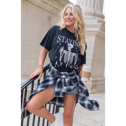 Black STAYING ALIVE Funny Skeleton Print Round Neck T Shirt
