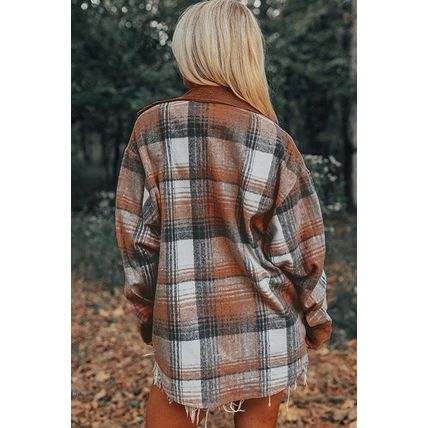 Cinnamon Plaid Corduroy Patchwork Chest Pocket Shacket