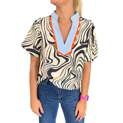 White Zebra Stripe Print Contrast V-Neck Ricrac Detail Short Sleeve Blouse Top