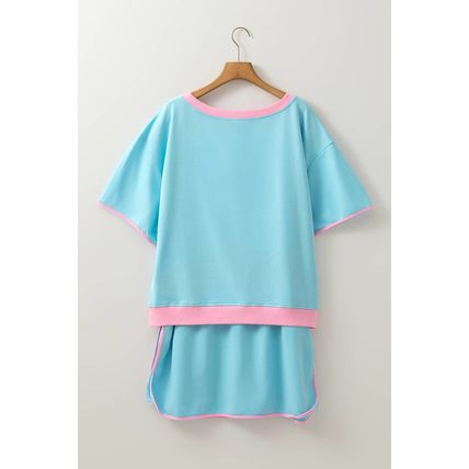 Turquoise Plus Size Contrast Trim T Shirt and Skirt Two Piece Set