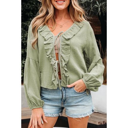 Meadow Mist Green Bow Tie Front Ruffle Trim V Neck Long Sleeve Gauze Blouse