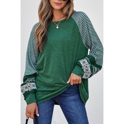 Blackish Green Contrast Print Striped Raglan Long Sleeve Loose Top