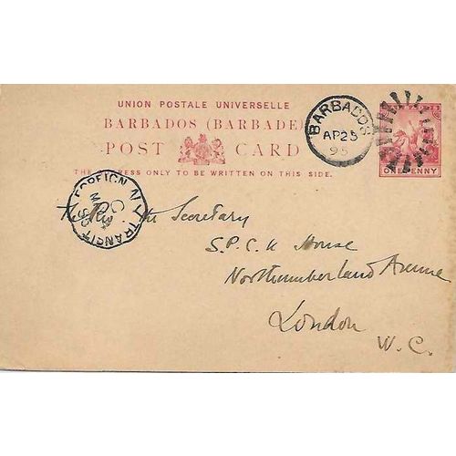 Barbados Postal Card UPU Type to London UK 1895 via NY Foreign Transit