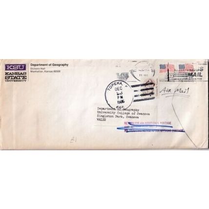 United States 1986 Kansas State University-Swansea UK Cover Topeka KA cancel VGC