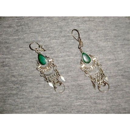 Fabulous delicate vintage Peruvian dark green turquoise wire cascade earrings