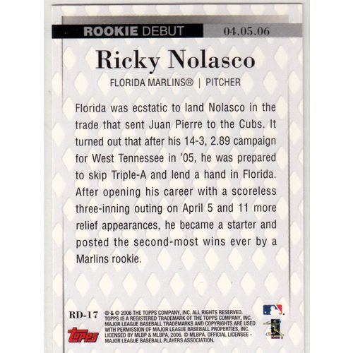 2006 Topps Updates & Highlights Rookie Debut RD17 Ricky Nolasco- Marlins