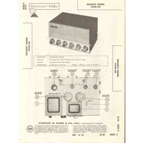 REALISTIC model PA30 PA60 6 tube audio amplifier Sams Photofact manual