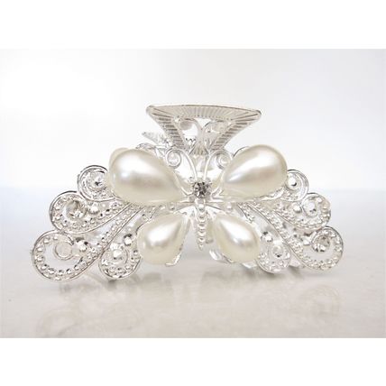 Silver metal butterfly faux pearl and clear crystal hair claw clip bridal clip