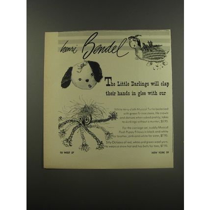 1956 Henri Bendel Ad - Musical Turtle; Musical Plush Puppy Pillows and Octopus