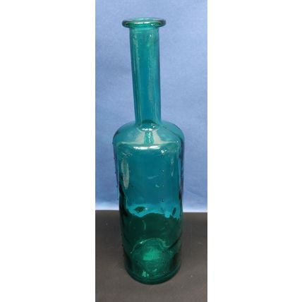 Tall Vintage MCM Teal Turquoise Dimpled Glass Vase Bottle Spain Art Glass 15.5"