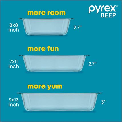 Pyrex Deep 3-Pack Glass Baking Dish Set (9"X13", 7"X11", 8"X8") with Bpa-Free Li