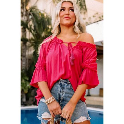 Rose Frilled Split V Neck Ruffled Sleeve Shift Top
