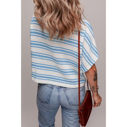 Sky Blue Stripe Boxy Fit Wide Sleeve Sweater T Shirt